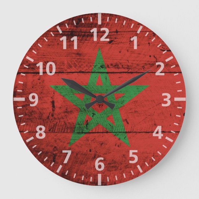 Morocco Flag on Old Wood Grain Large Clock (Front)