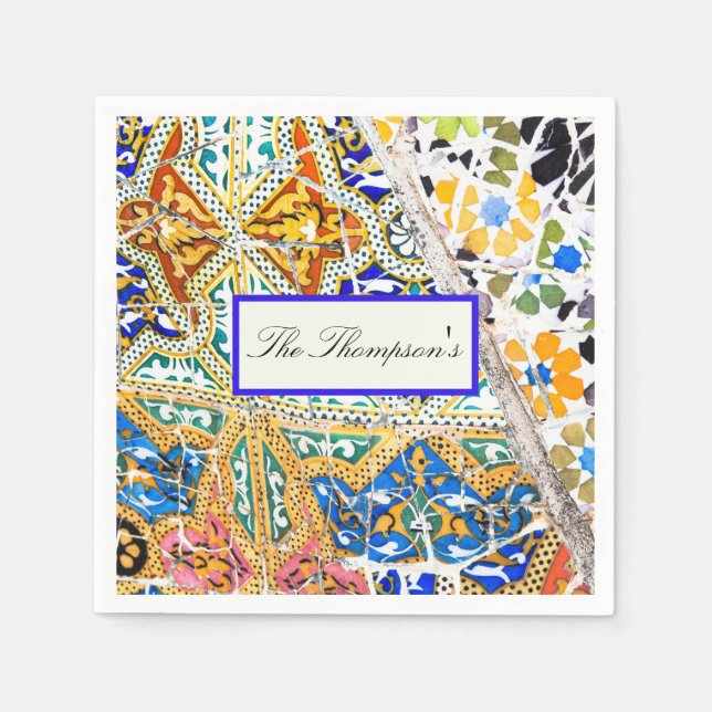 Morocco Mosaic Blue Orange Black Floral Pattern  Napkin (Front)