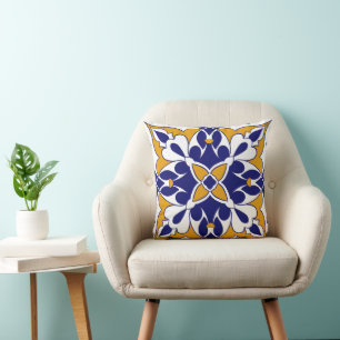Morocco Square Tile Yellow Blue Bohemian Pattern Throw Pillow