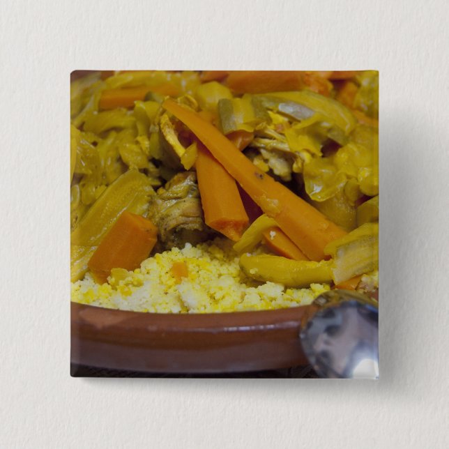 Morocco, Tetouan. Traditional Moroccan meal of 2 Inch Square Button (Front)