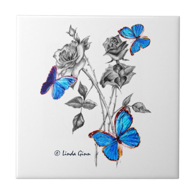Morph Butterflies on Black and White Roses Tiles (Front)