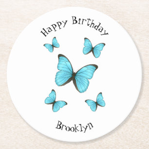 Morpho butterflies cartoon illustration round paper coaster
