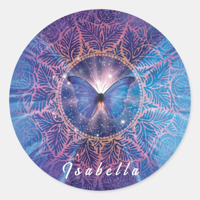 Morpho butterfly / Galaxy Mandala  Classic Round Sticker (Front)