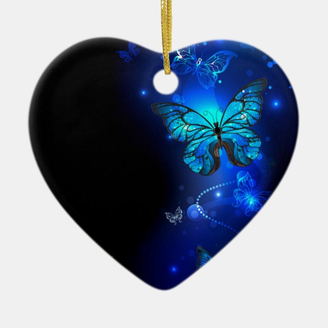 Morpho Butterfly in the Dark Background Ceramic Ornament (Front)