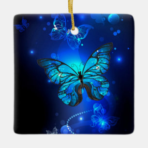Morpho Butterfly in the Dark Background Ceramic Ornament