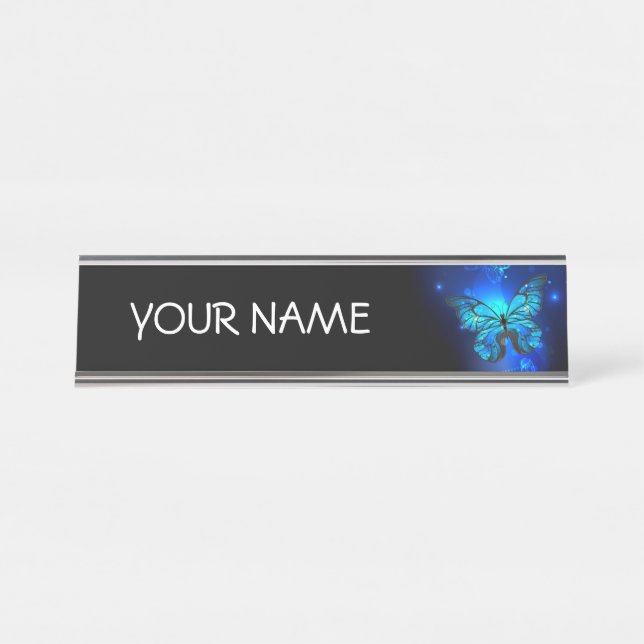 Morpho Butterfly in the Dark Background Desk Name Plate (Front)