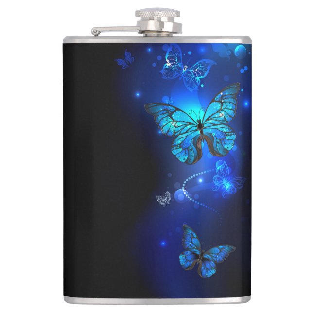 Morpho Butterfly in the Dark Background Hip Flask (Front)