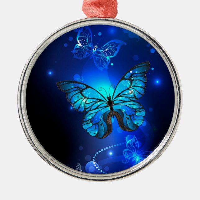 Morpho Butterfly in the Dark Background Metal Ornament (Front)
