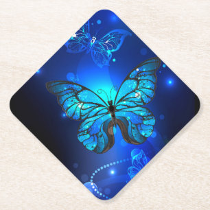 Morpho Butterfly in the Dark Background Paper Coaster
