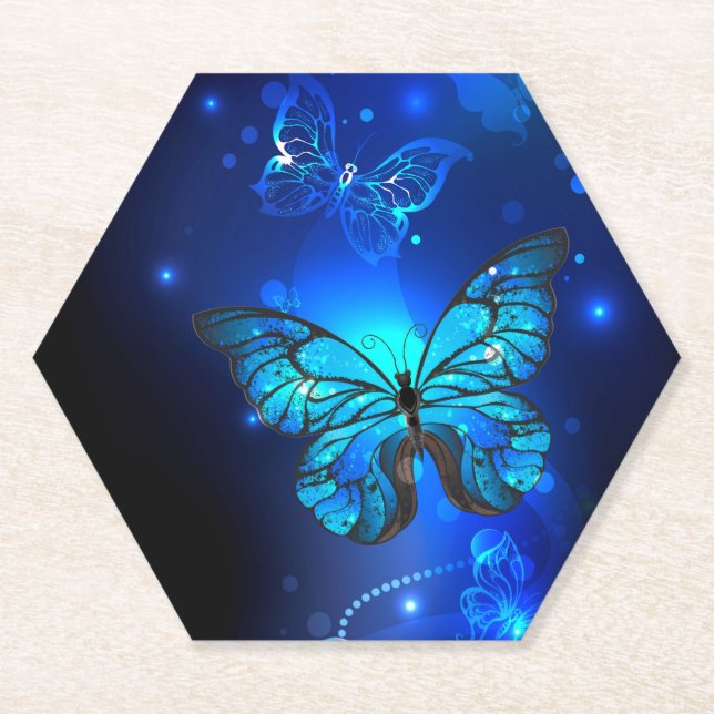 Morpho Butterfly in the Dark Background Paper Coaster (Front)