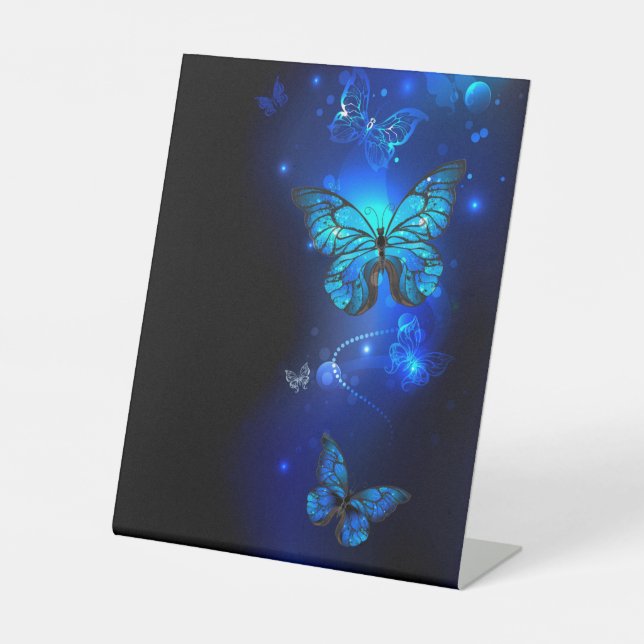 Morpho Butterfly in the Dark Background Pedestal Sign (Front)