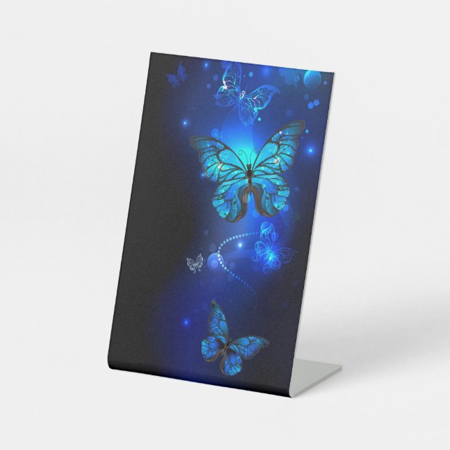 Morpho Butterfly in the Dark Background Pedestal Sign (Front)