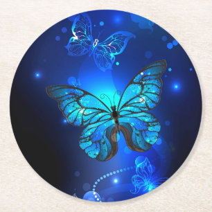 Morpho Butterfly in the Dark Background Round Paper Coaster
