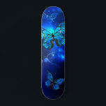Morpho Butterfly in the Dark Background Skateboard<br><div class="desc">blue,  glowing butterflies morpho on a dark background. Morpho. Design with butterflies.</div>