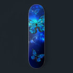 Morpho Butterfly in the Dark Background Skateboard<br><div class="desc">blue,  glowing butterflies morpho on a dark background. Morpho. Design with butterflies.</div>