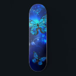 Morpho Butterfly in the Dark Background Skateboard<br><div class="desc">blue,  glowing butterflies morpho on a dark background. Morpho. Design with butterflies.</div>