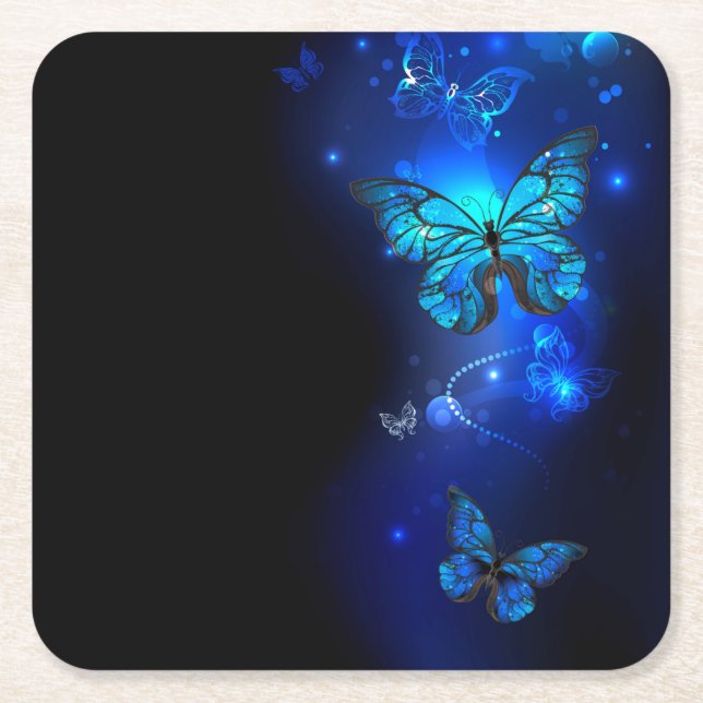 Morpho Butterfly in the Dark Background Square Paper Coaster (Front)