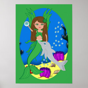 Morrigan the Green Merfaery and Dolphin Poster