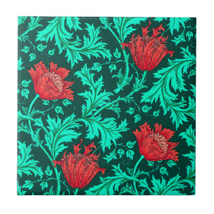 Morris Anemone Patter, Deep Red and Turquoise Tile