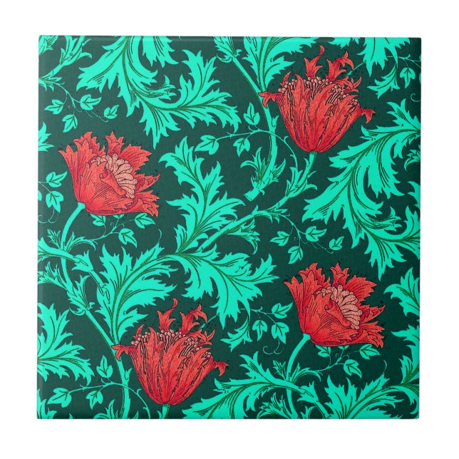 Morris Anemone Patter, Deep Red and Turquoise Tile (Front)