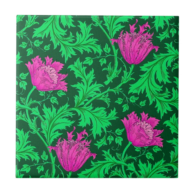 Morris Anemone Pattern, Emerald Green and Fuchsia Tile (Front)