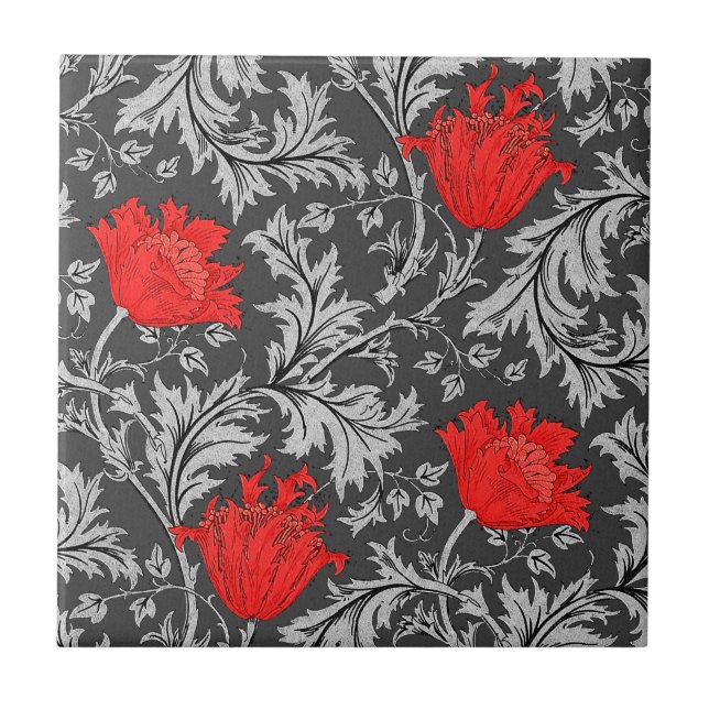 Morris Anemone Pattern, Grey / Grey and Red Tile (Front)