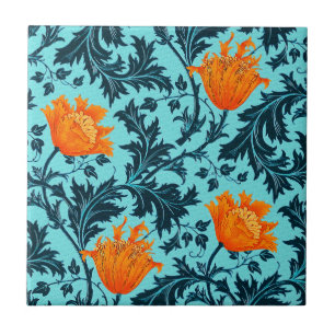 Morris Anemone Pattern, Indigo Blue and Coral Tile