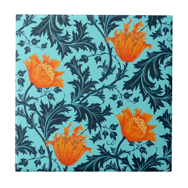 Morris Anemone Pattern, Indigo Blue and Coral Tile (Front)