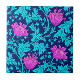 Morris Anemone Pattern, Navy, Turquoise & Magenta Tile