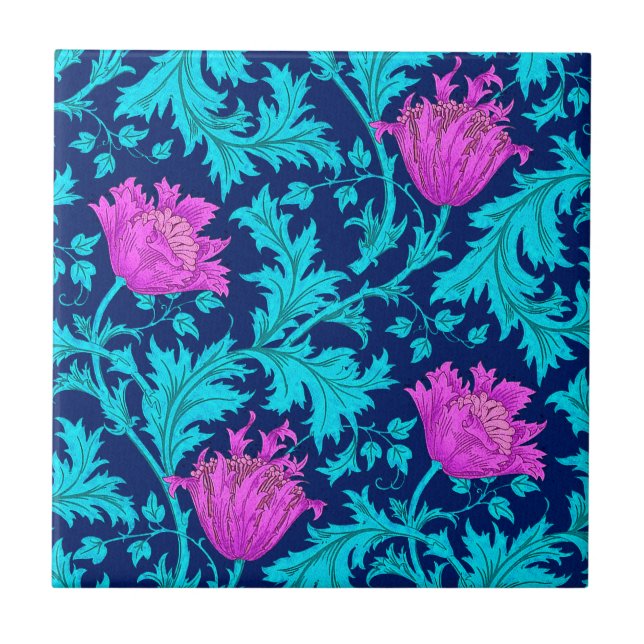 Morris Anemone Pattern, Navy, Turquoise & Magenta Tile (Front)