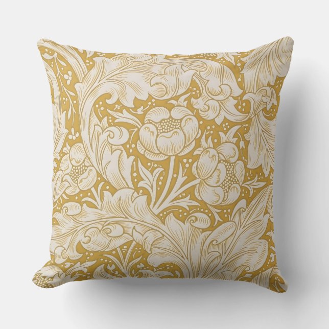 Morris Bachelor's Button Flower & Golden Stems Throw Pillow (Front)