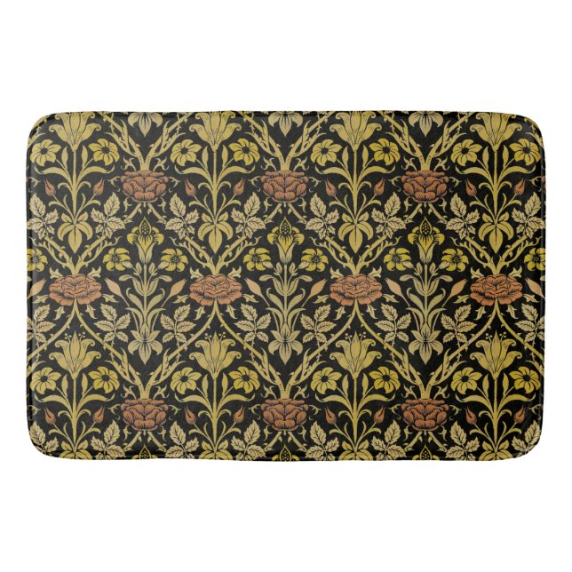 Morris Black Background Rose & Lily Flower Pattern Bath Mat (Front)