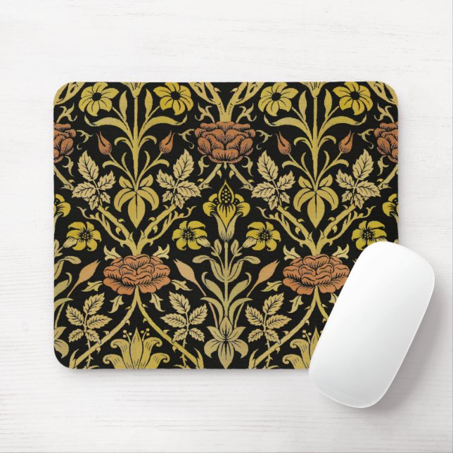 Morris Black Background Rose & Lily Flower Pattern Mouse Pad (With Mouse)