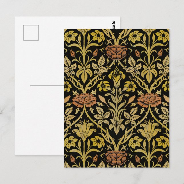 Morris Black Background Rose & Lily Flower Pattern Postcard (Front/Back)