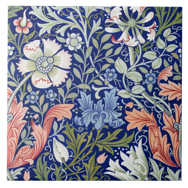 Morris Blue Background 1896 Compton Floral Pattern Tile (Front)
