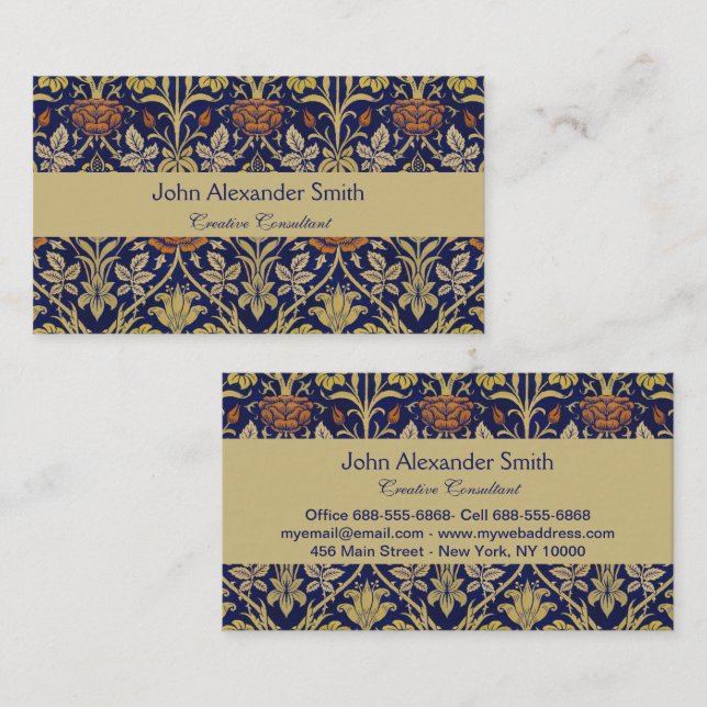 Morris Blue Background Rose & Lily Flower Pattern Business Card (Front/Back)