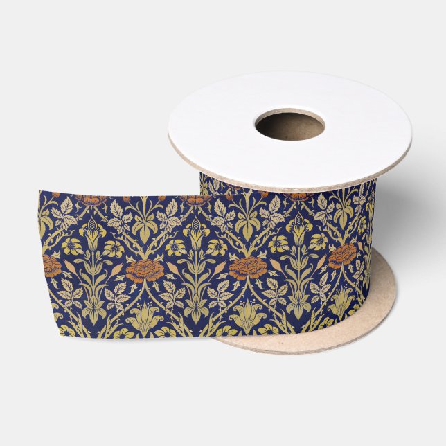 Morris Blue Background Rose & Lily Flower Pattern Satin Ribbon (Spool)