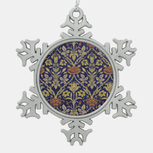 Morris Blue Background Rose & Lily Flower Pattern Snowflake Pewter Christmas Ornament