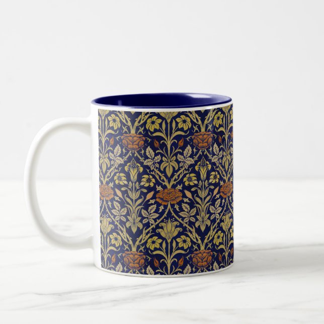 Morris Blue Background Rose & Lily Flower Pattern Two-Tone Coffee Mug (Left)