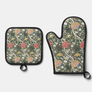 Morris Cray Vintage Blossom Floral Design Green Oven Mitt & Pot Holder Set
