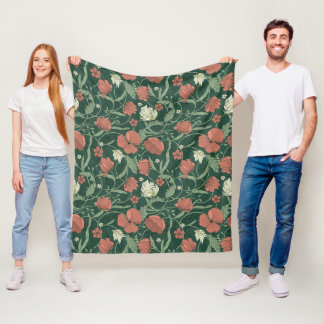Morris Garden Green & Red Floral Bath Towel Set Fleece Blanket