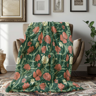 Morris Garden Green & Red Floral Fleece Blanket