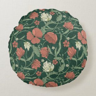Morris Garden Green & Red Floral Round Pillow