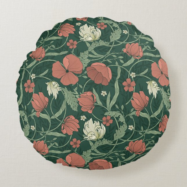 Morris Garden Green & Red Floral Round Pillow (Front)