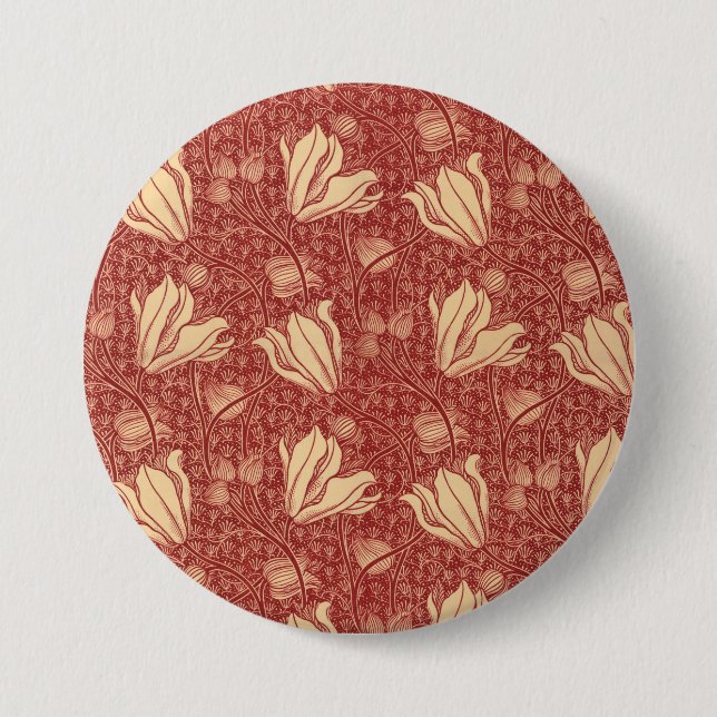 Morris Inspired Lily Flower Botanical Red Textile  3 Inch Round Button (Front)