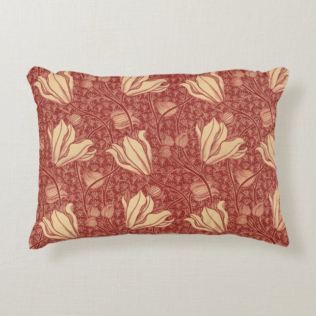 Morris Inspired Lily Flower Botanical Red Textile  Accent Pillow (Front)