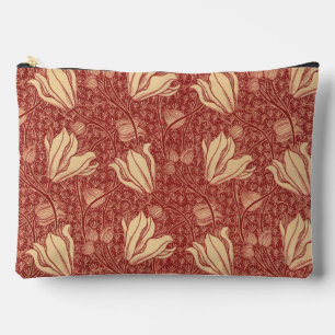 Morris Inspired Lily Flower Botanical Red Textile  Accessory Pouch