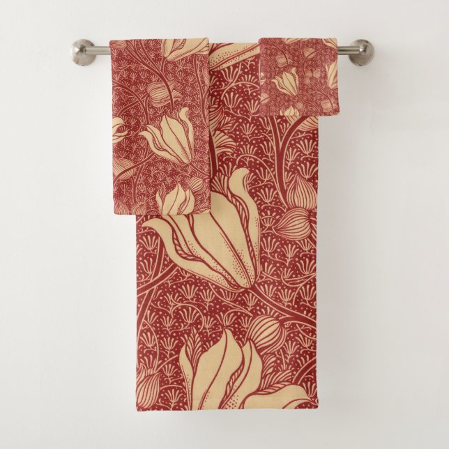 Morris Inspired Lily Flower Botanical Red Textile  Bath Towel Set (Insitu)