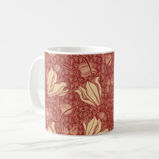 Morris Inspired Lily Flower Botanical Red Textile  Coffee Mug (Front Left)
