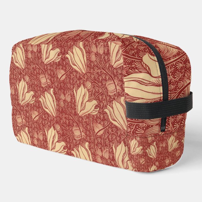 Morris Inspired Lily Flower Botanical Red Textile  Dopp Kit (Left Corner)